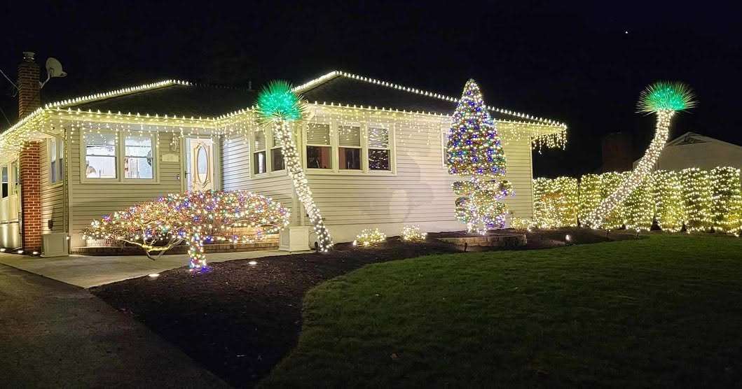 Colorful holiday lighting display at night
