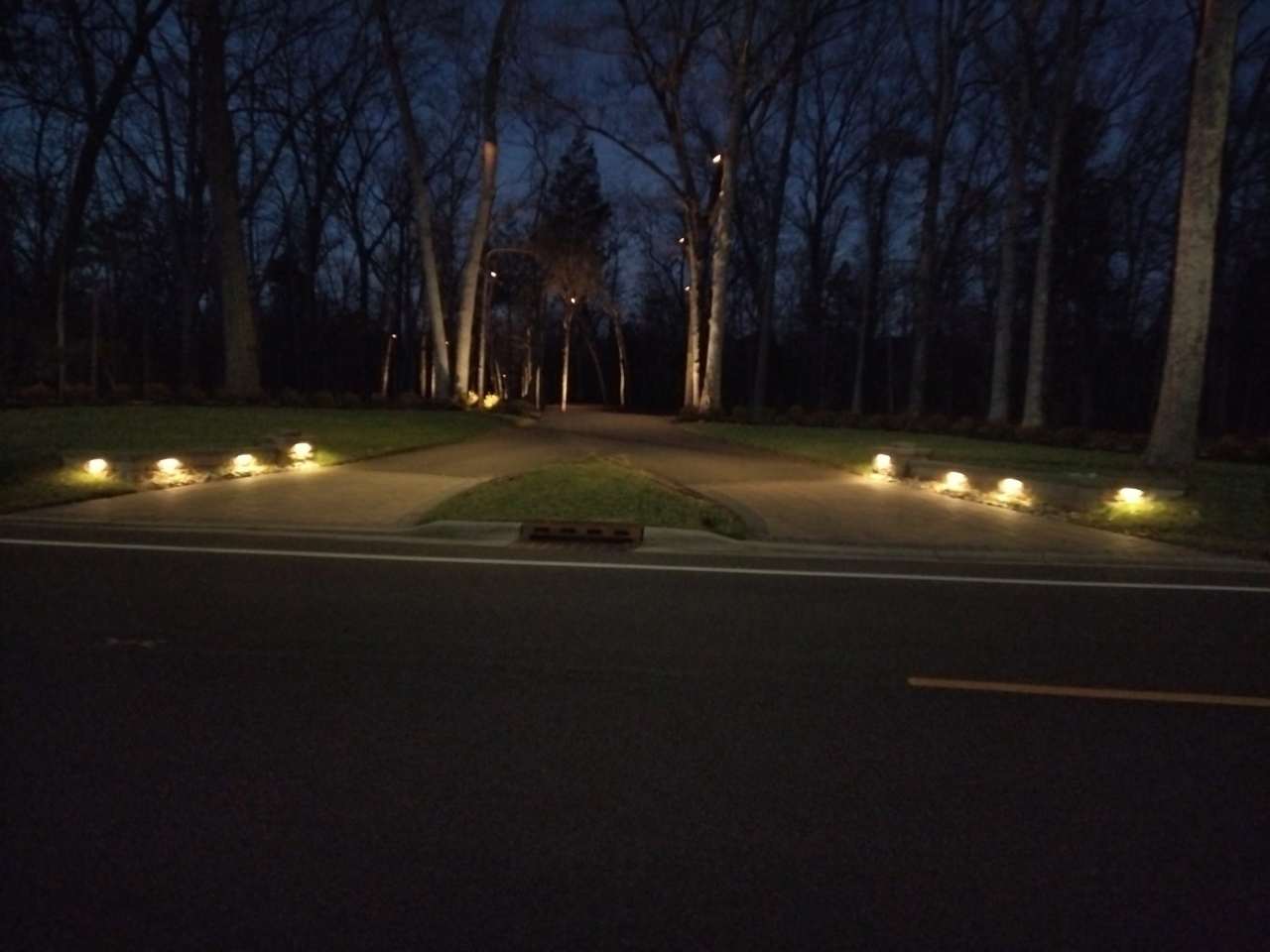 Driveway edged with path lights at night