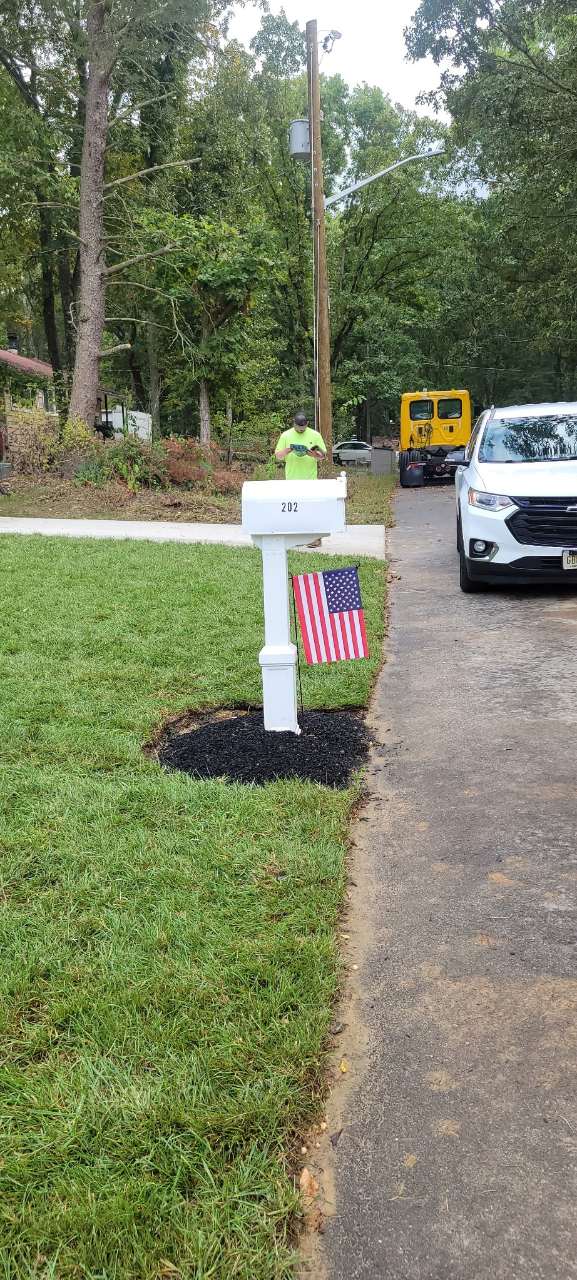 Mulched mailbox bed along a fresh lawn
