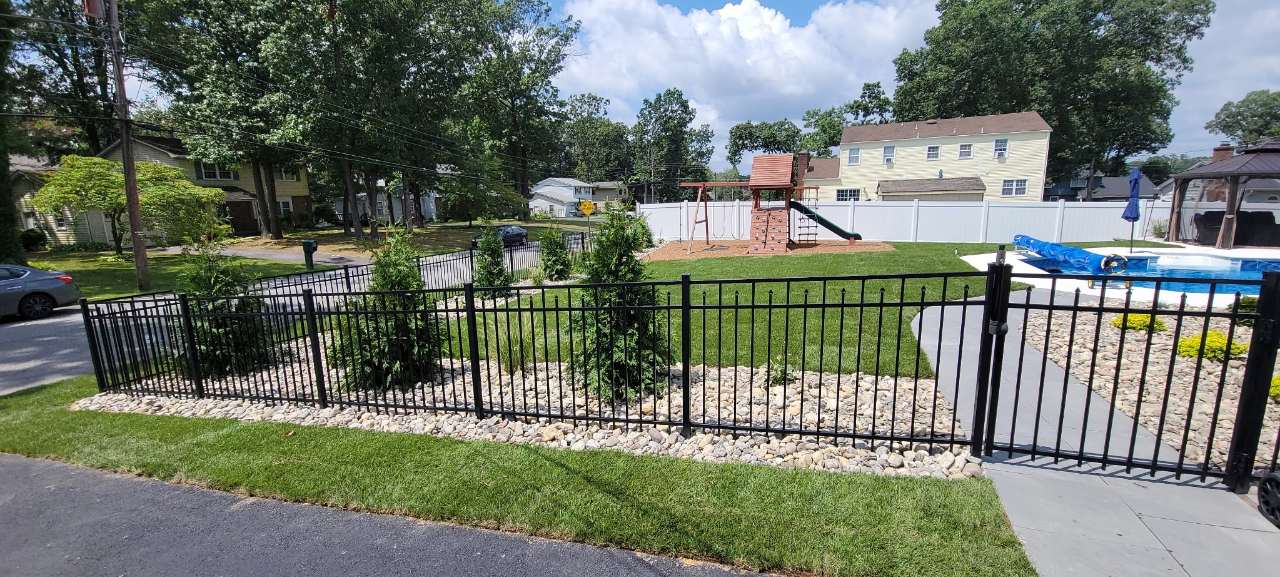 Green lawn edged with arborvitae along an iron fence