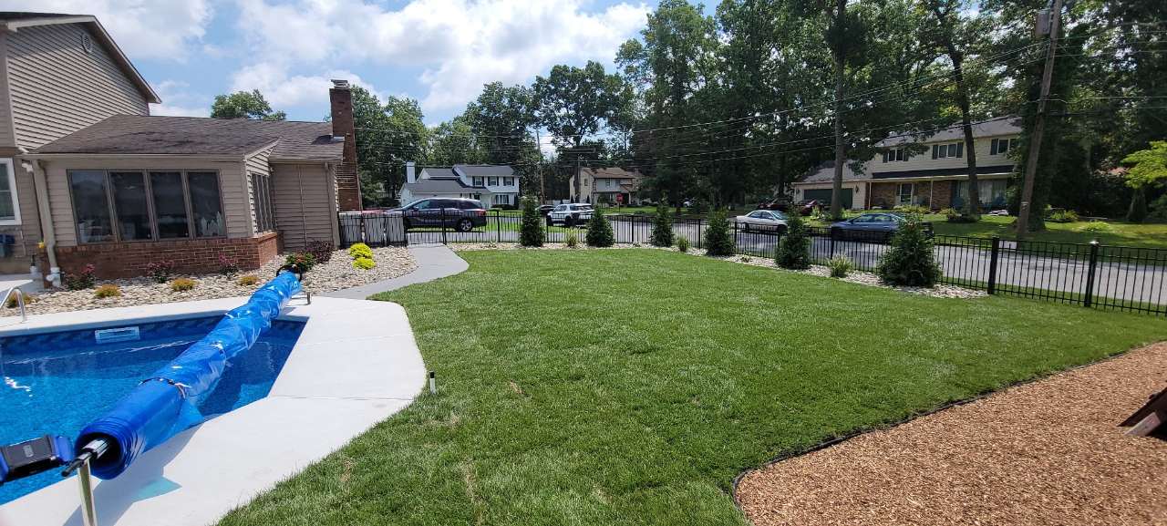 Finished sod lawn, plantings and stone borders around a new pool